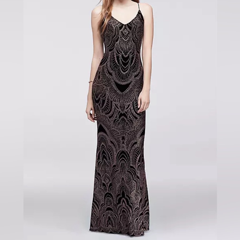 Slinky Black Hourglass Dress with Shimmering Rose Gold Art Deco Design, Size 7/8